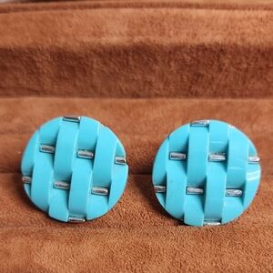 Turquoise Silvertone Woven Plastic Button Clip On Earrings
